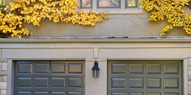 The door Master- Black double garage door with yellow leaves